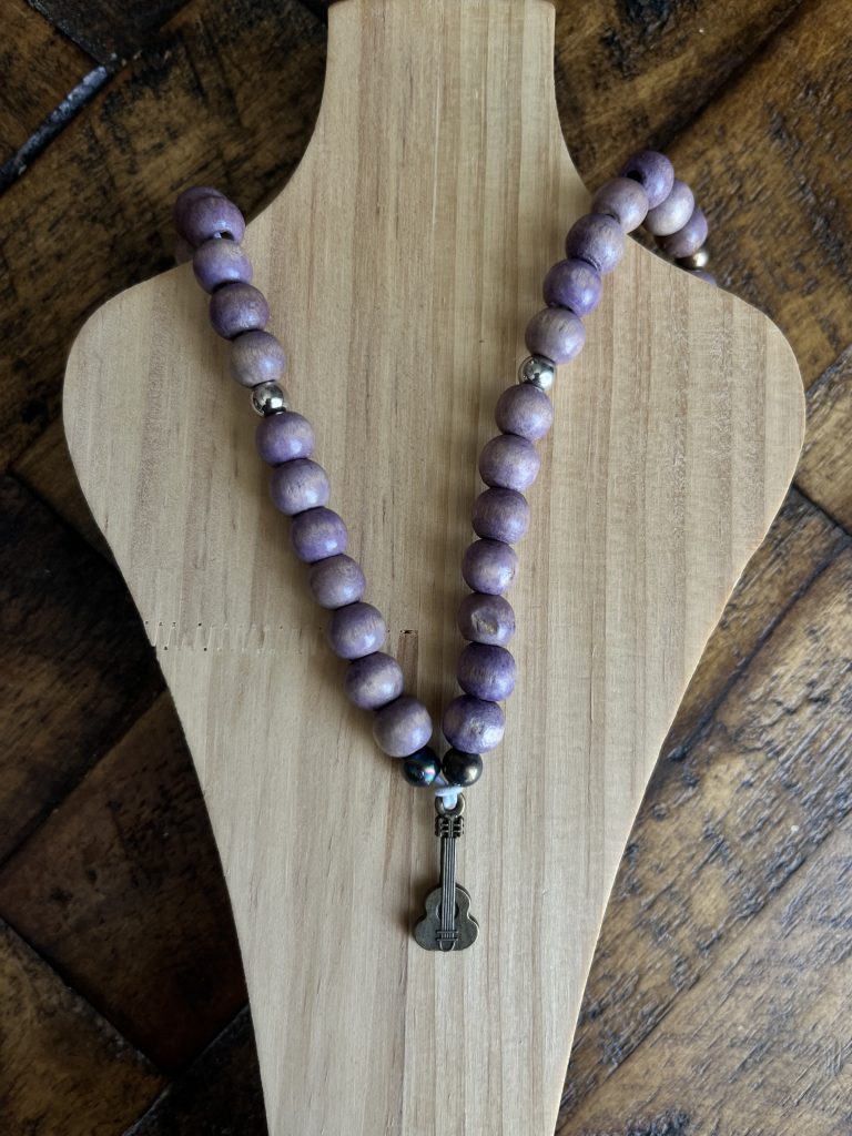 Guitar Pendant Necklace with Boho Earthy Purple Wood Beads