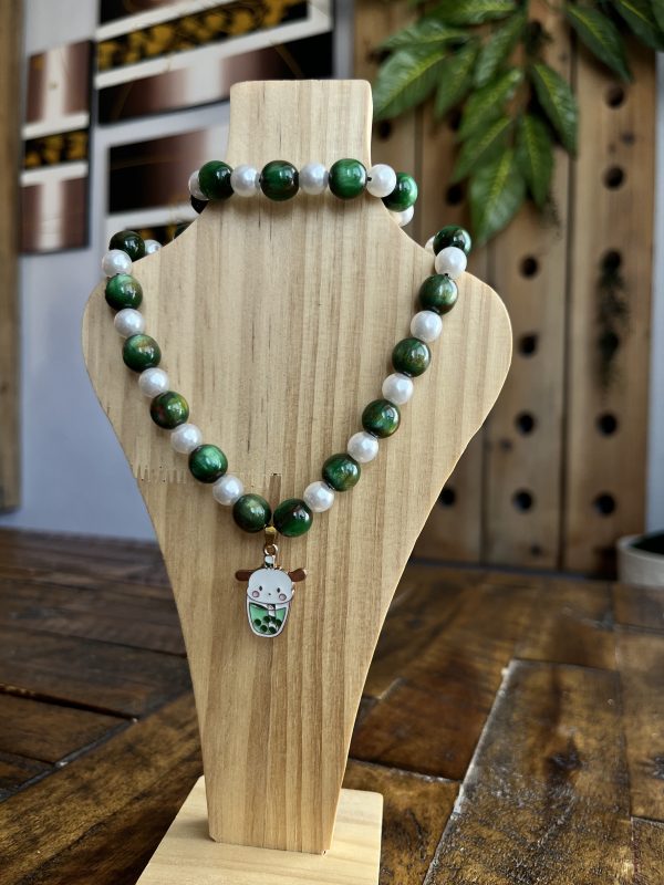 Green and White Pochacco Enamel  Bead Necklacee