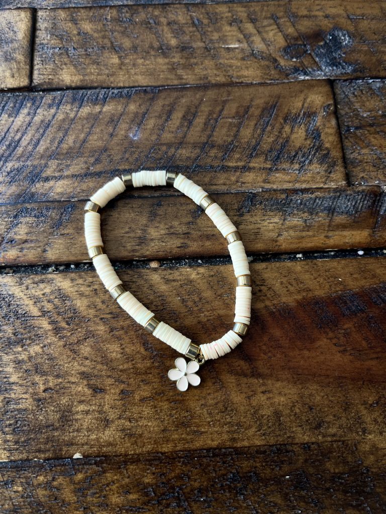 White and Gold Flower Charm Clay Bead Bracelet