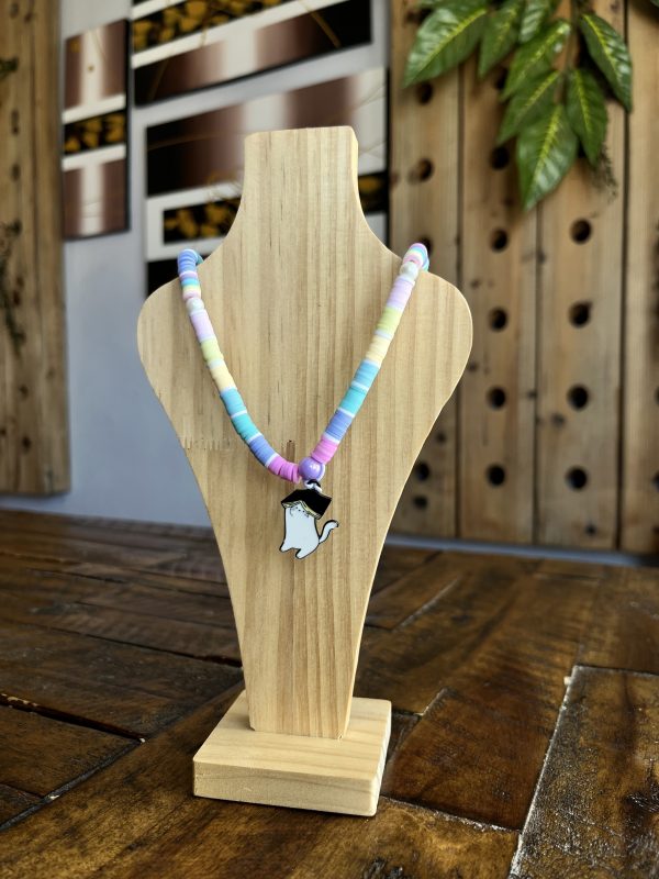 Pastel Rainbow Clay Bead Necklace With White Cat Pendant
