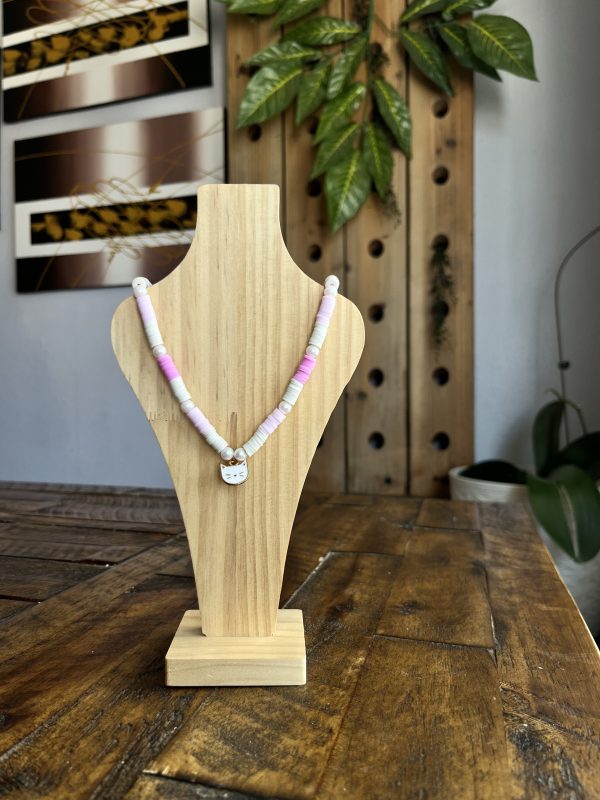 Pink And Beige Necklace With White Cat Pendant