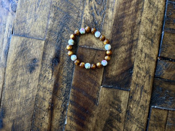Crackle Brown, And Beige Ceramic Flower Bead Bracelet